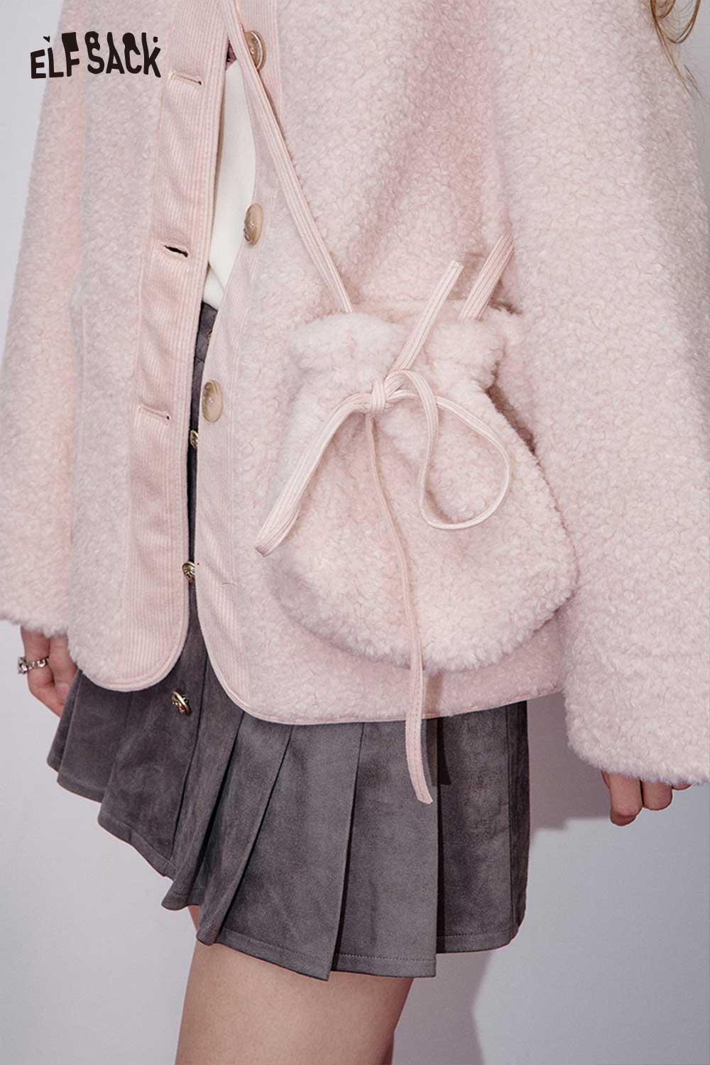 ELFSACK pink wool blend quilted coat for women paired with a stylish skirt and matching bag
