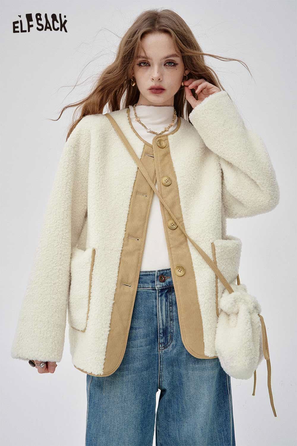 ELFSACK wool blend quilted coat for women in cream color with oversized fit and pockets