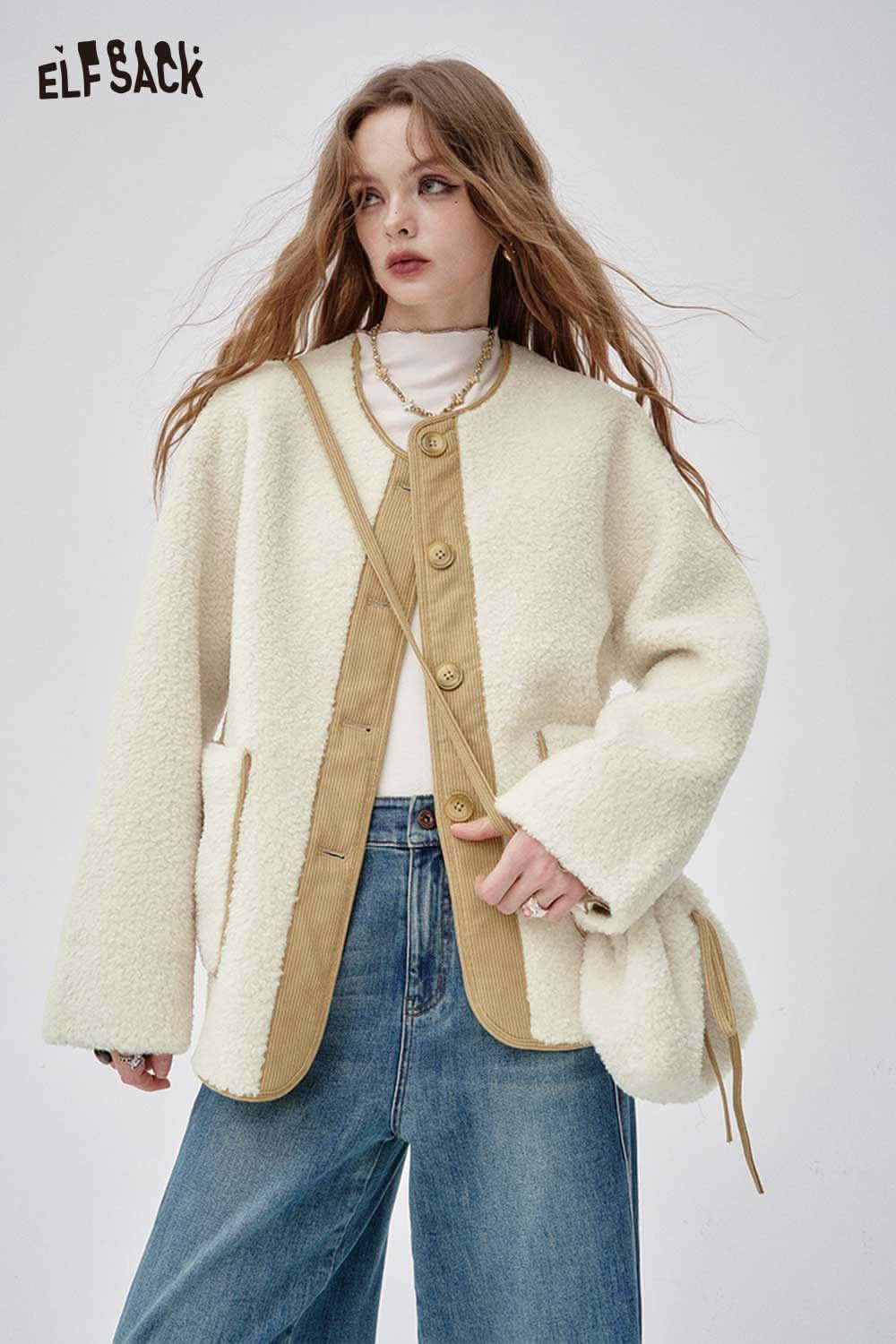 ELFSACK women's wool blend quilted coat in cream with button front and side pockets for stylish layering