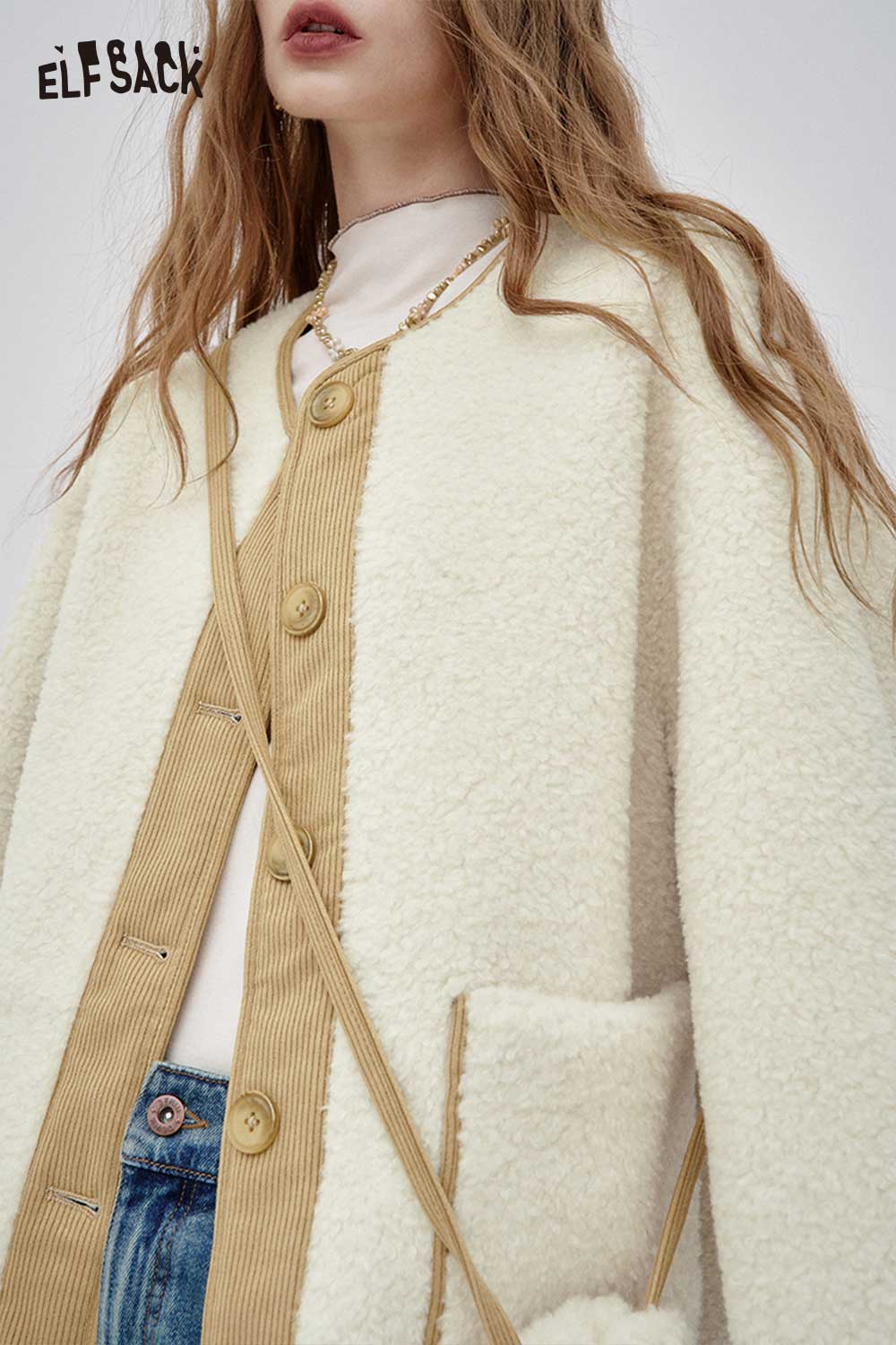 ELFSACK wool blend quilted coat for women in cream with a soft texture and button details