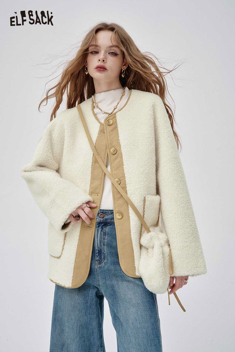 ELFSACK wool blend quilted coat for women in cream with a stylish design and oversized fit