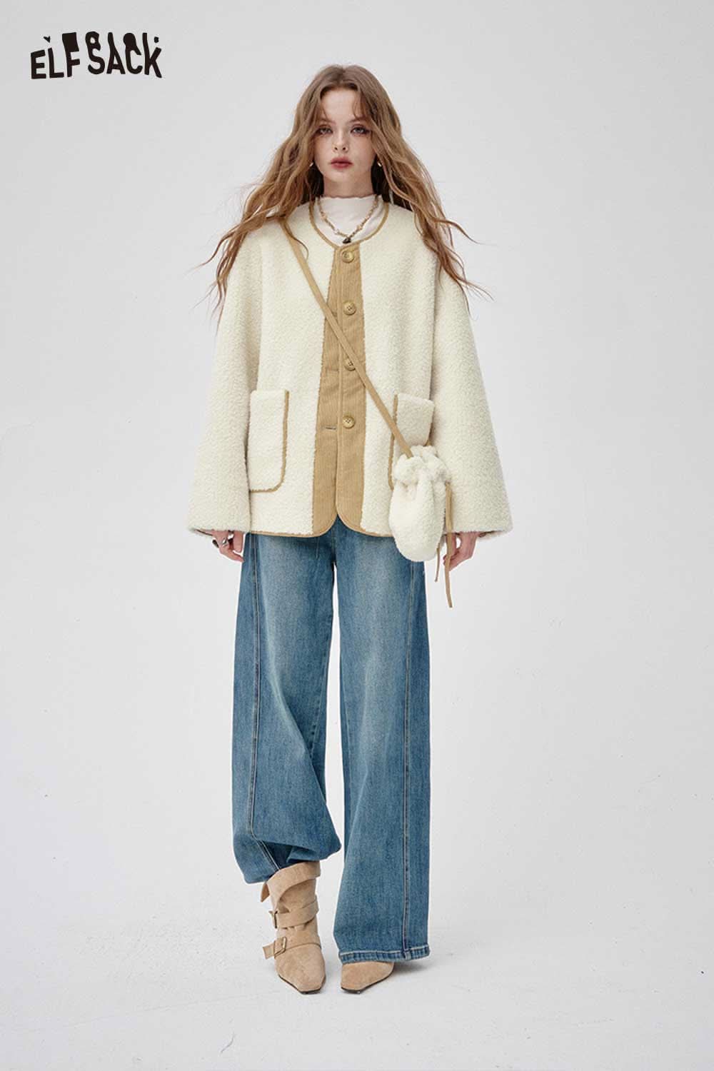 ELFSACK wool blend quilted coat for women in cream, styled with wide leg jeans and accessories