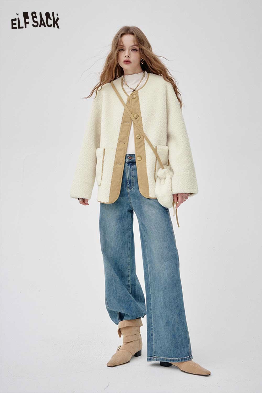 ELFSACK women's wool blend quilted coat in cream with oversized pockets and stylish design