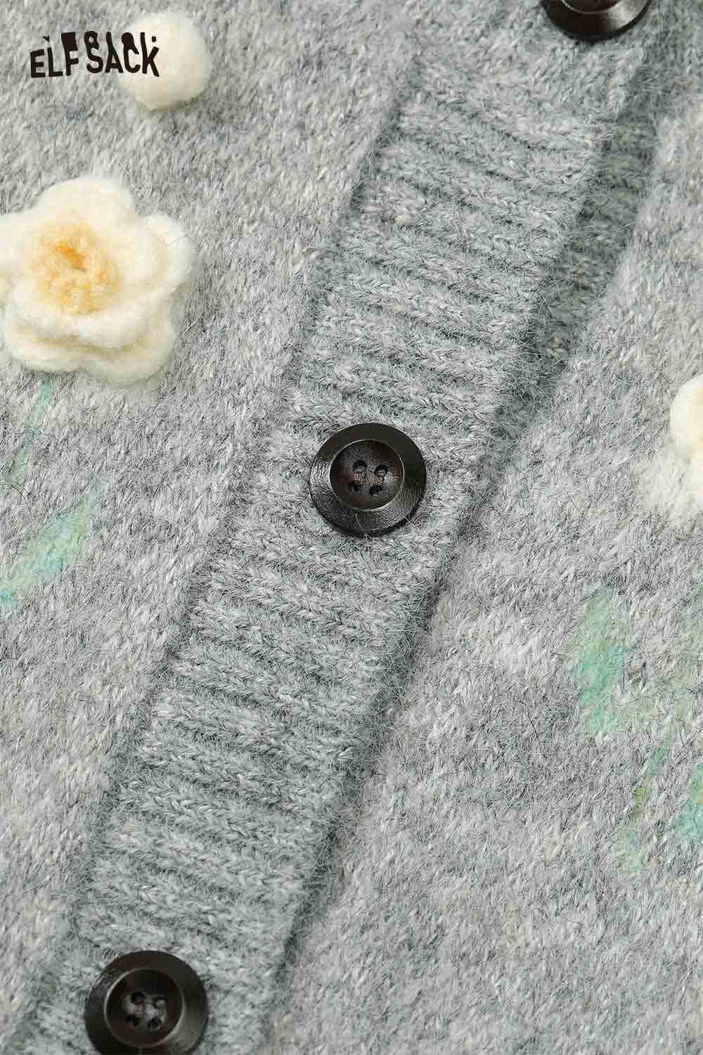 ELFSACK floral stitch oversized cardigan featuring floral accents and button details