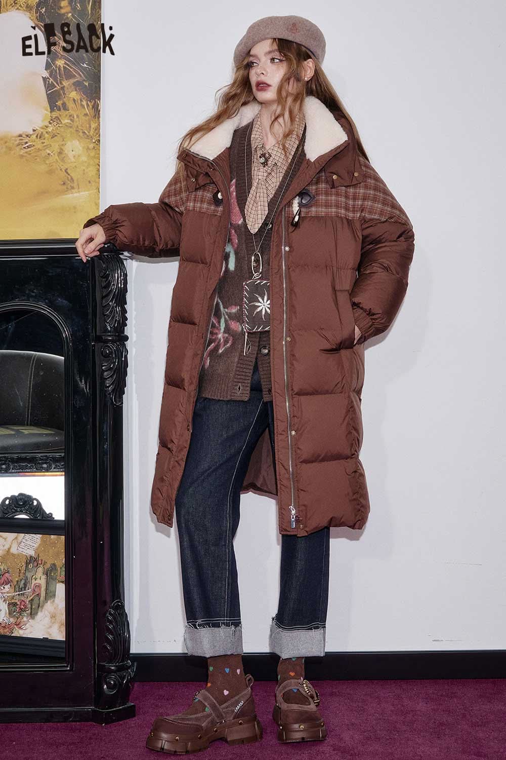ELFSACK wool blend rose graphic cardigan styled under a brown puffer jacket for a cozy winter look