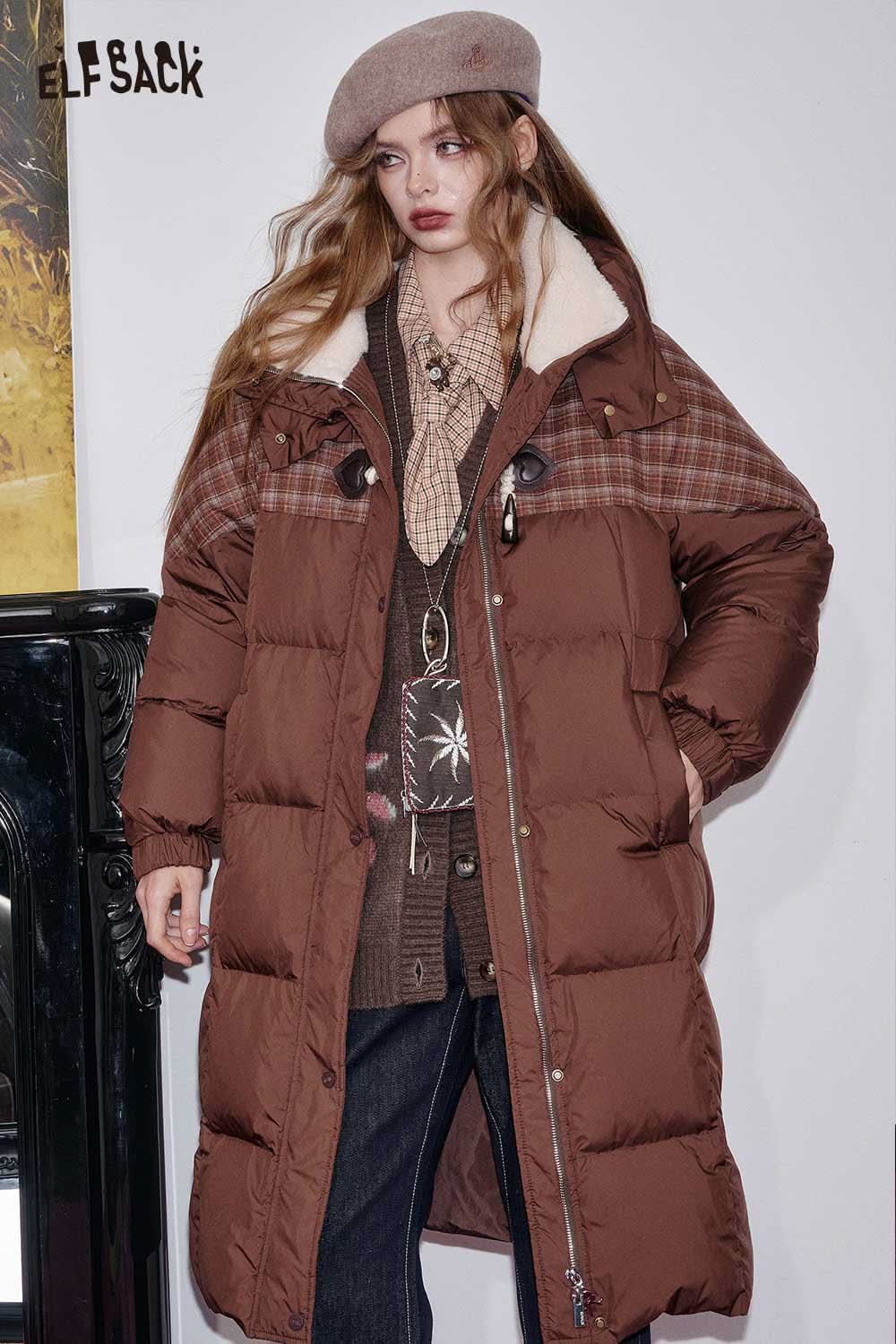 ELFSACK wool blend rose graphic cardigan layered under a stylish brown puffer coat