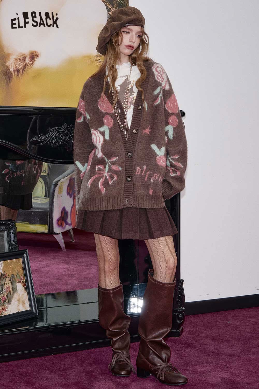 ELFSACK wool blend rose graphic cardigan with floral design and button closure worn over a skirt