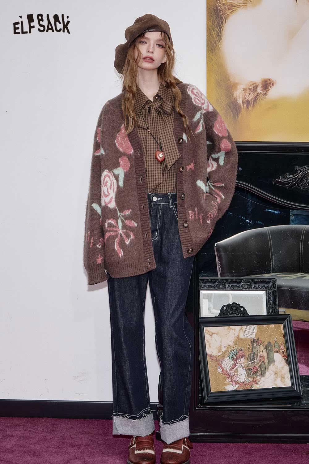 ELFSACK wool blend rose graphic cardigan featuring floral design and button front closure on a model
