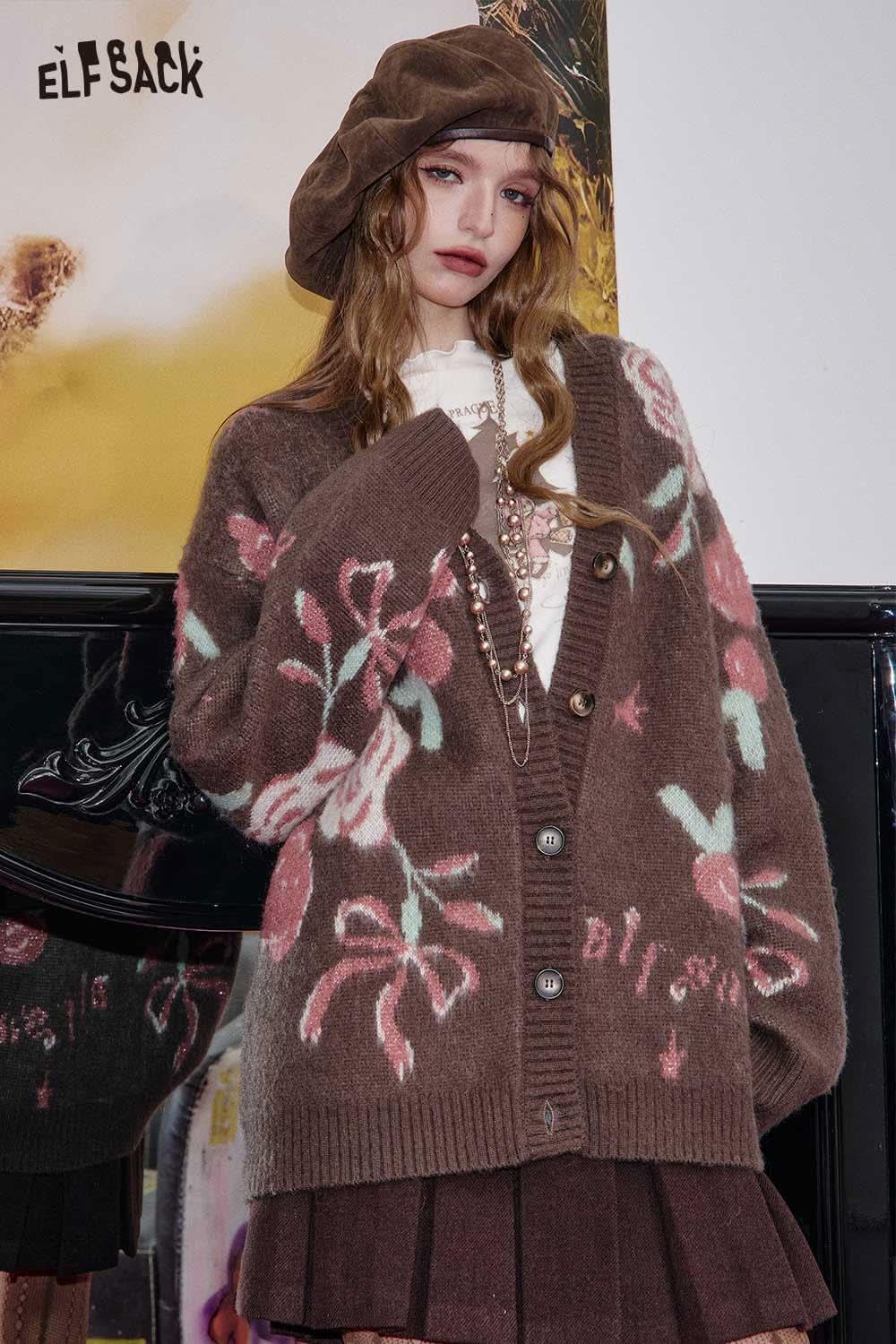ELFSACK wool blend rose graphic cardigan featuring floral design and button front for stylish layering