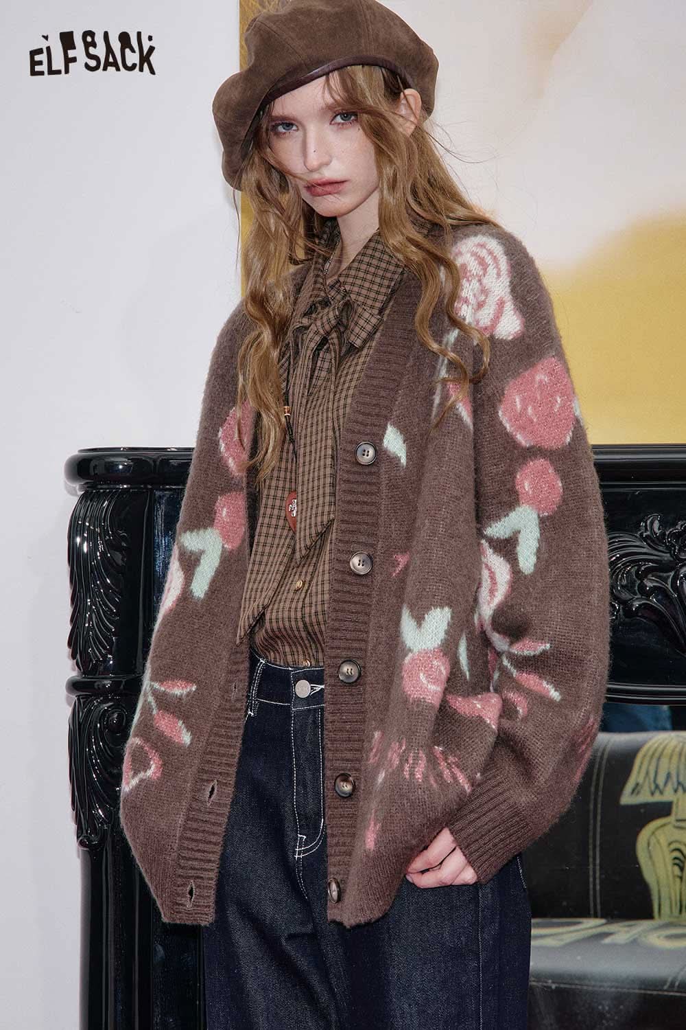 ELFSACK wool blend rose graphic cardigan featuring floral designs and buttoned closure