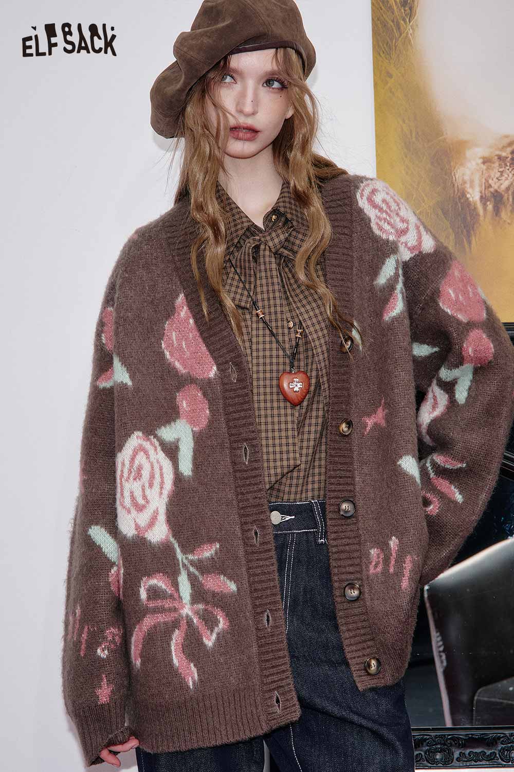 ELFSACK wool blend rose graphic cardigan in brown with floral design and buttons