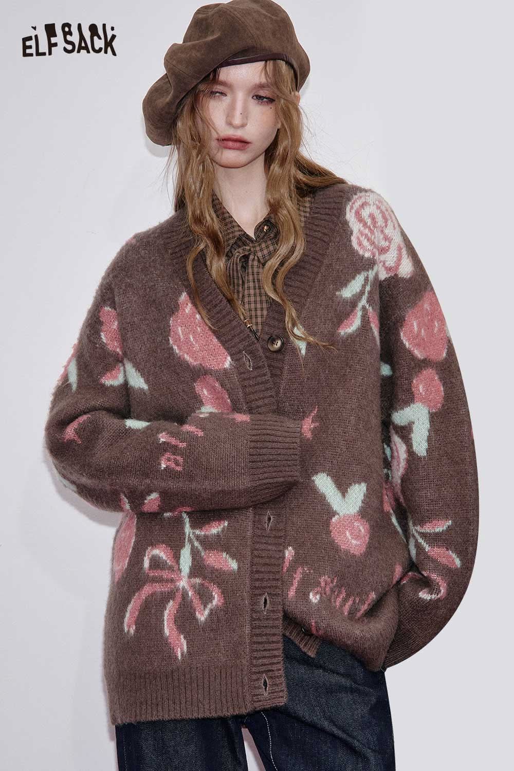 ELFSACK wool blend rose graphic cardigan featuring floral designs on a cozy, oversized sweater