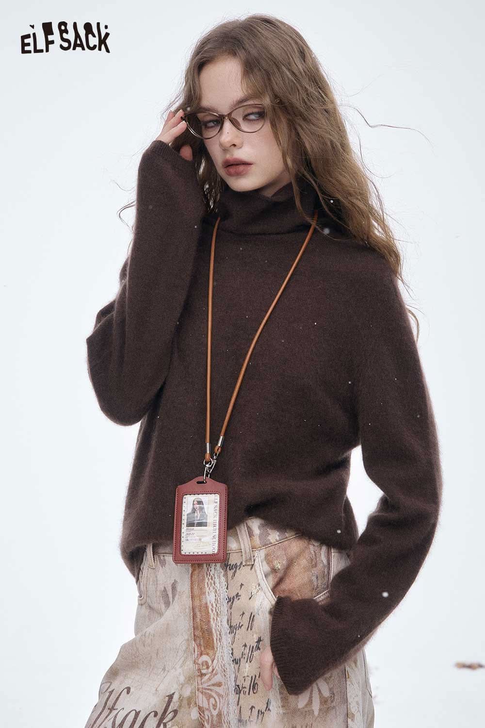 ELFSACK Wool High Neck Sweater Women in Brown, Cozy and Stylish for Cold Weather Fashion