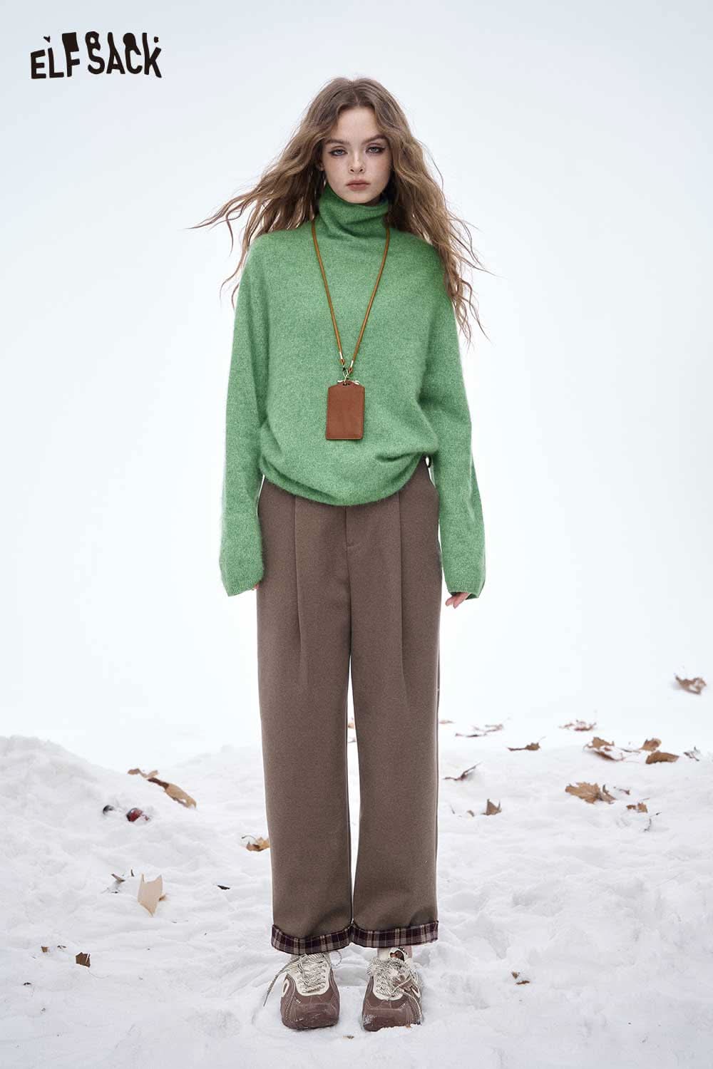 ELFSACK wool high neck sweater women in green paired with stylish brown pants, perfect for winter fashion.