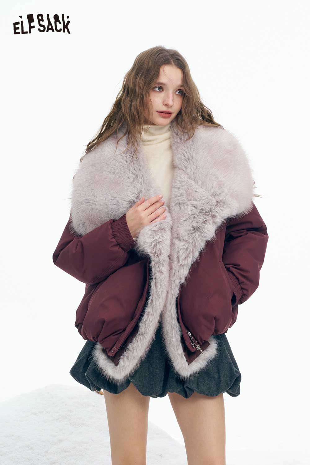 ELFSACK Women's Wool High Neck Sweater in Cream Styled Under a Furry Burgundy Jacket