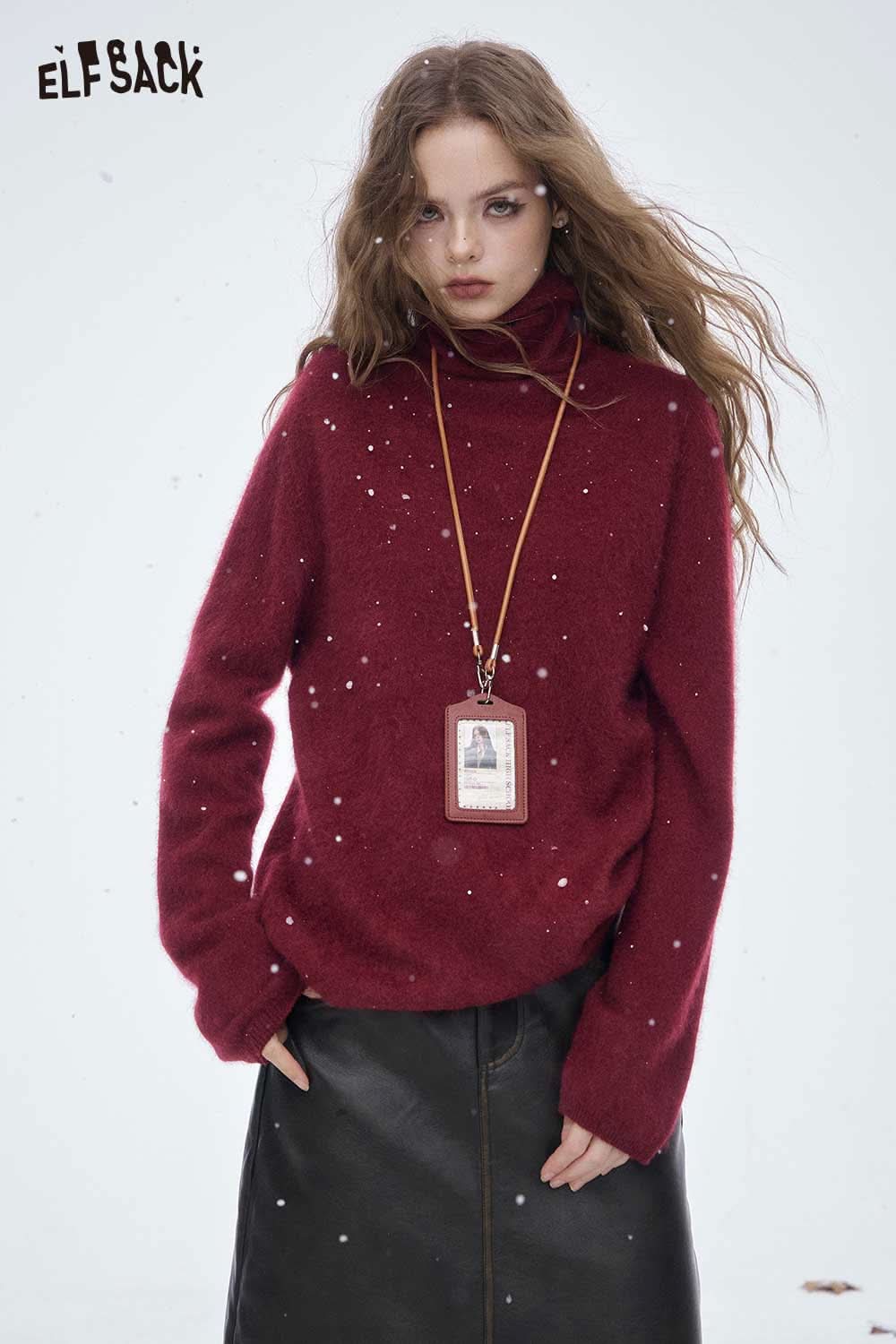 ELFSACK wool high neck sweater women in burgundy, perfect for stylish winter layering