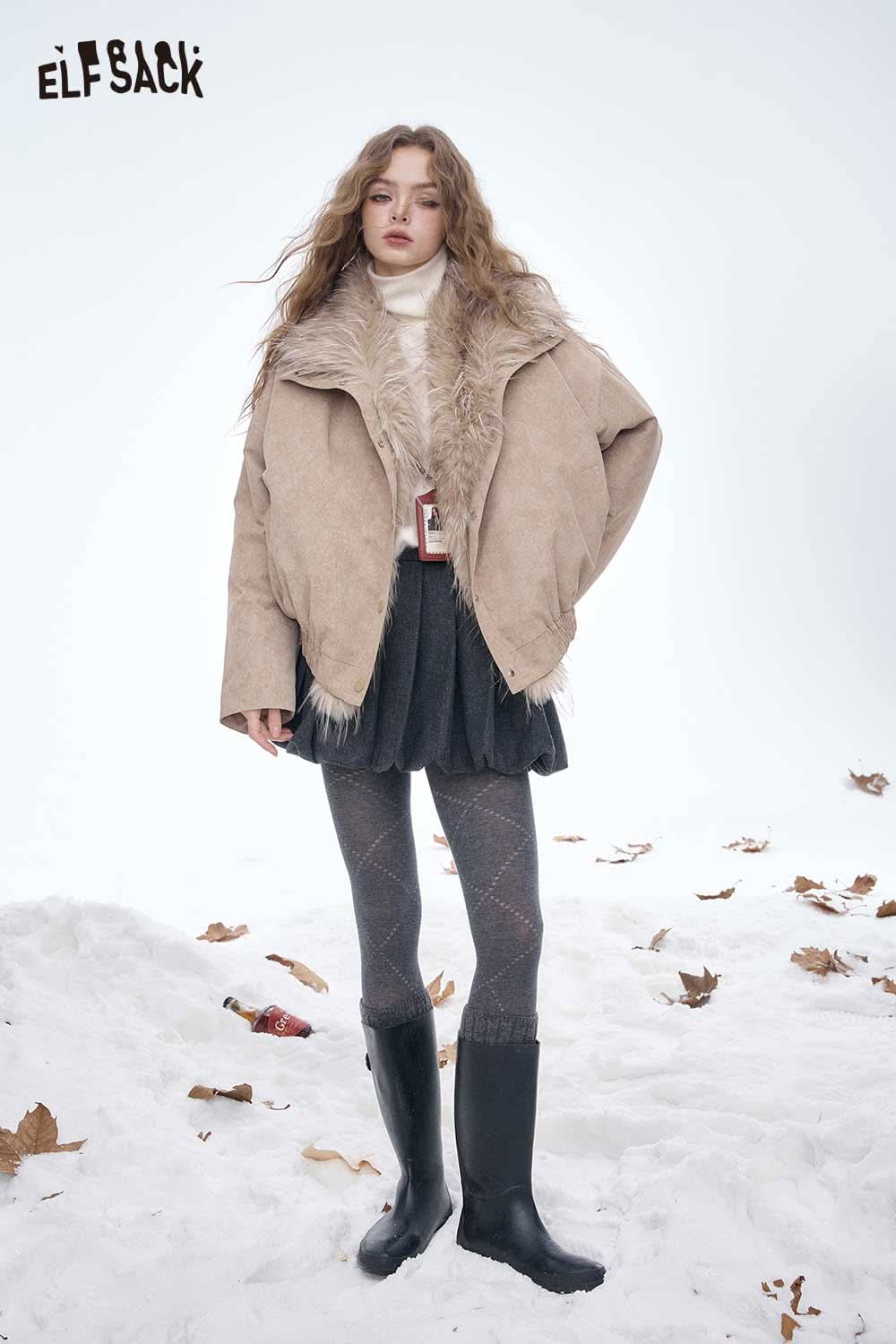 ELFSACK wool high neck sweater women styled under a furry coat for a chic winter look
