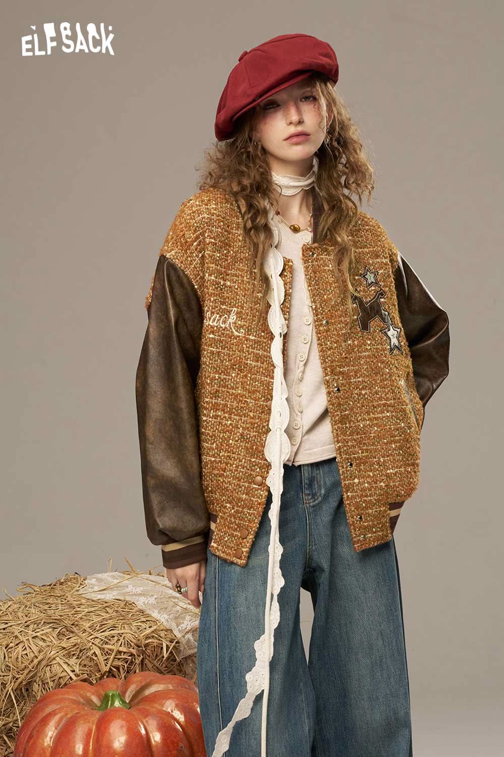 ELFSACK wool leather applique jacket with a cozy design and stylish embellishments, perfect for fall outings