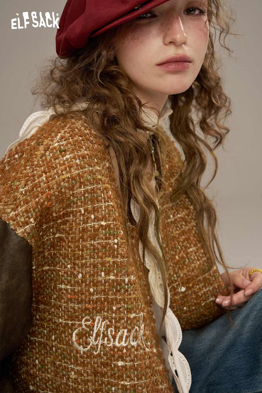 ELFSACK Wool Leather Applique Jacket in a warm color with unique textured design and embroidered logo
