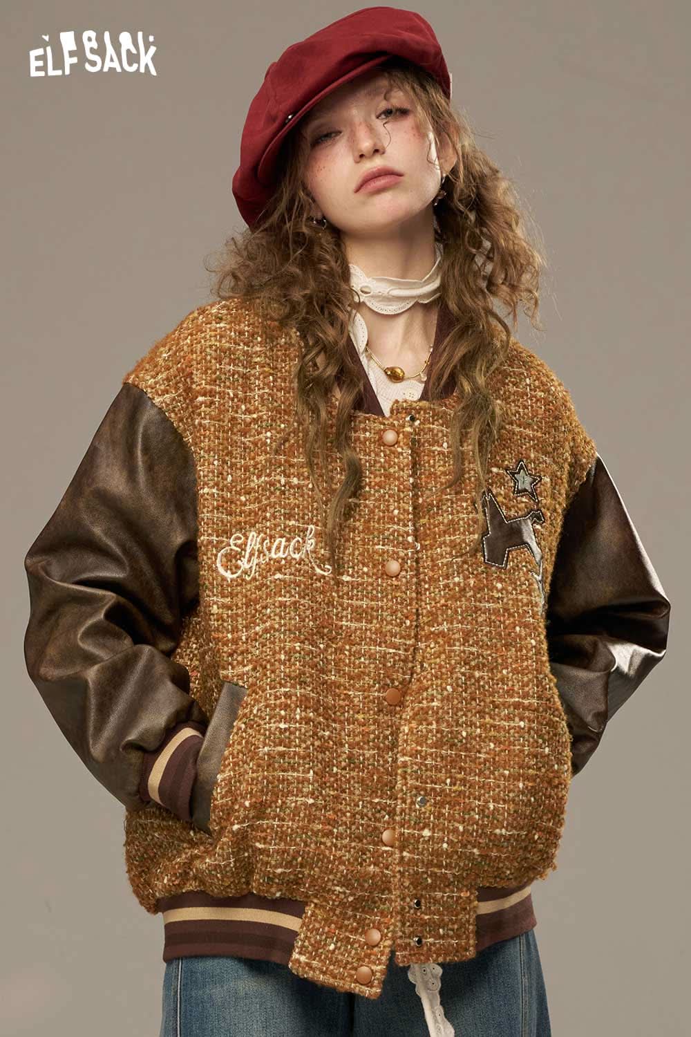 ELFSACK wool leather applique jacket featuring a unique texture and stylish design for a fashionable look