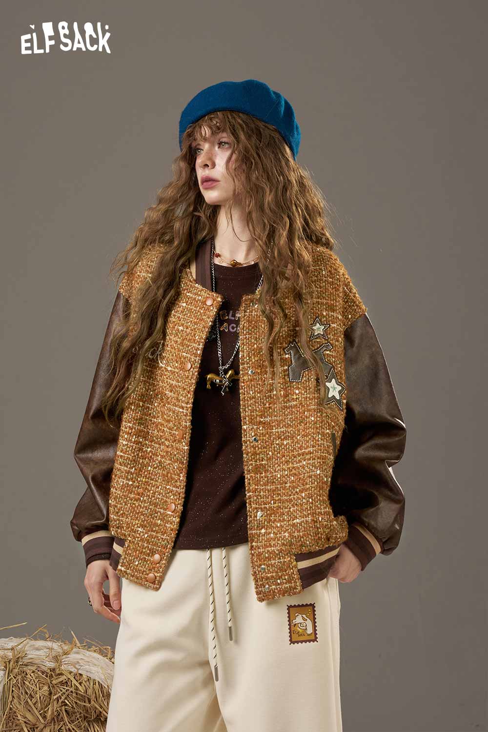 ELFSACK Wool Leather Applique Jacket in Brown with Unique Star Design and Soft Fabric