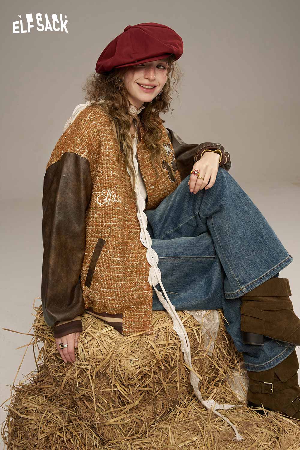 ELFSACK wool leather applique jacket featuring a stylish design and cozy fit, perfect for fall outfits
