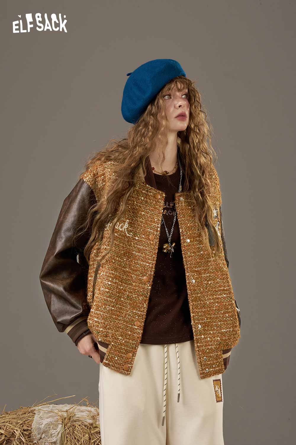 ELFSACK wool leather applique jacket featuring a stylish blend of textures and a casual fit