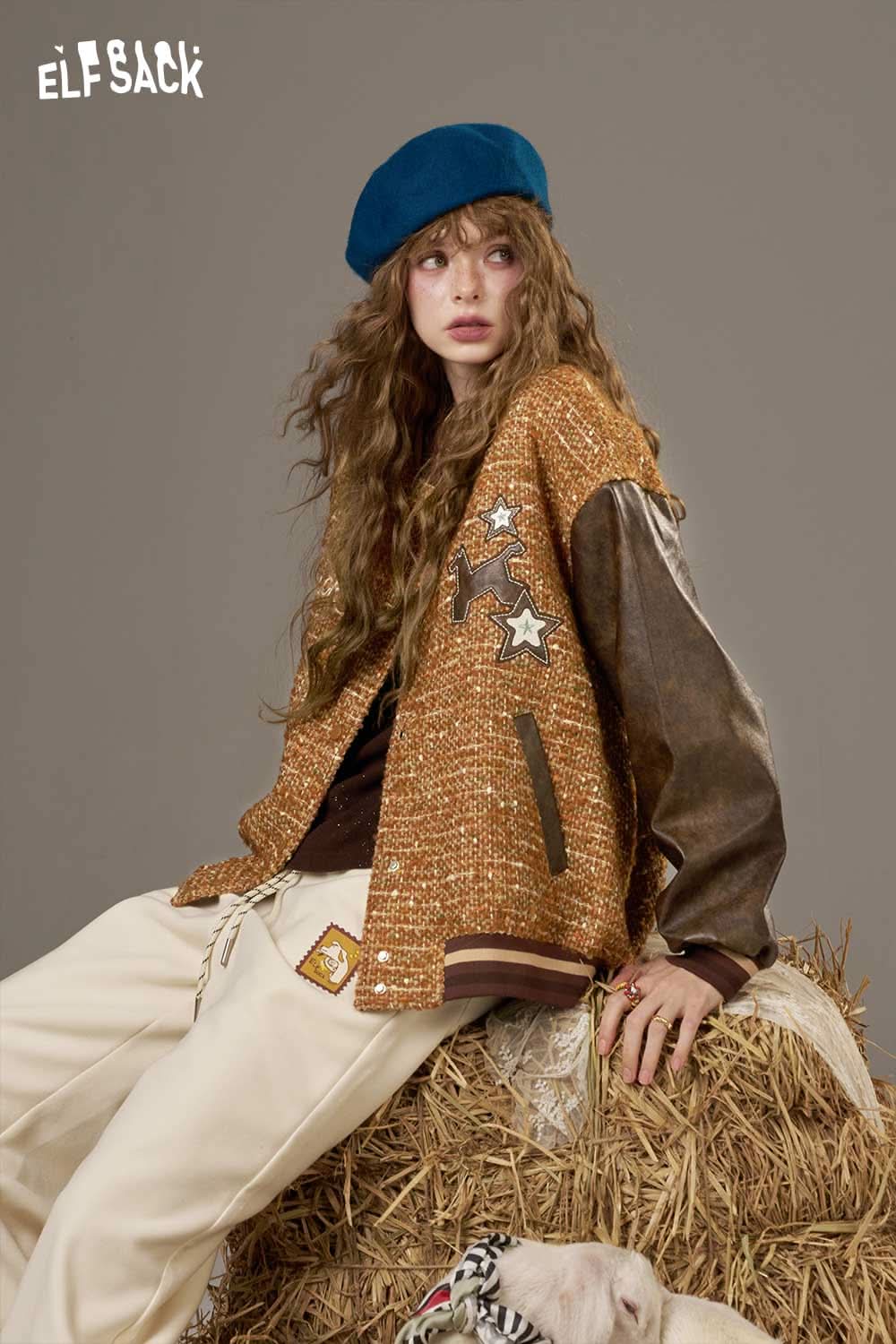 ELFSACK wool leather applique jacket with stylish star designs, perfect for trendy outfits