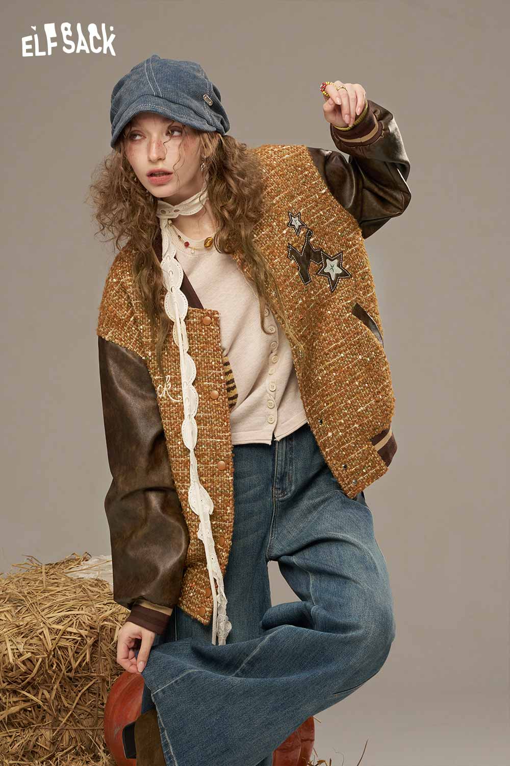 ELFSACK wool leather applique jacket featuring textured fabric and stylish patches for a trendy look
