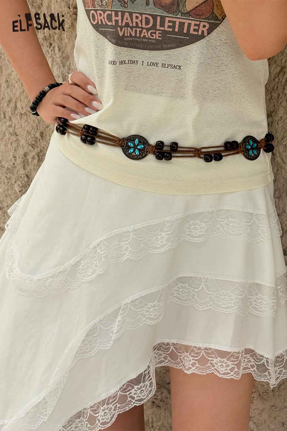 ELFSACK Woven Rope Wooden Bead Belt