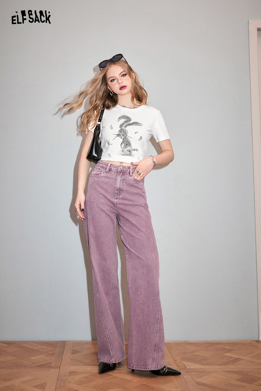 ELFSACK white T-shirt with Y2K Rabbit Print paired with high-waist purple wide-leg pants