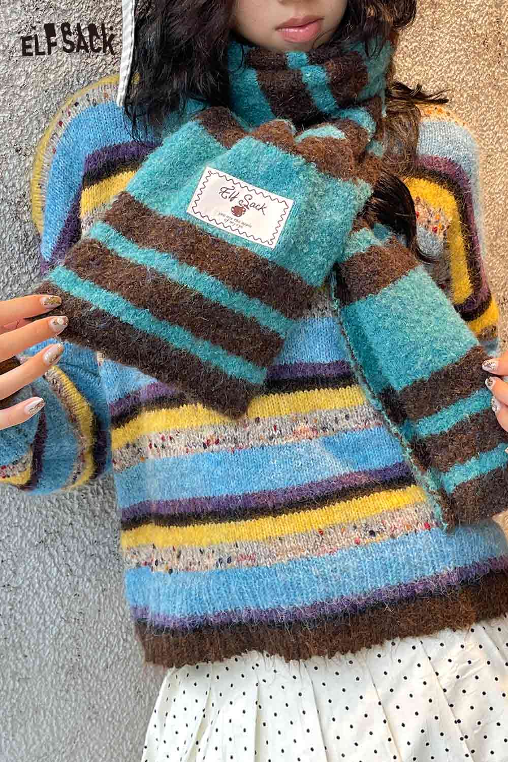 Y2K stripe neck warmer in blue and brown with a cozy knit design for stylish winter wear