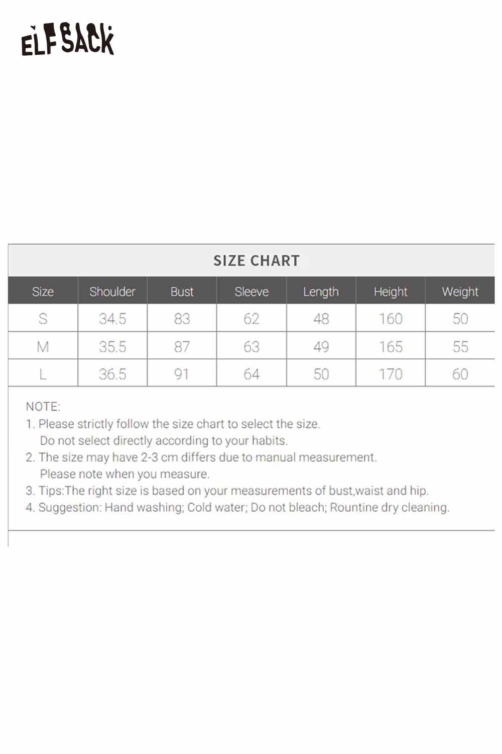 Size chart for ELFSACK zebra print knit sweater for women including measurements for S, M, L sizes