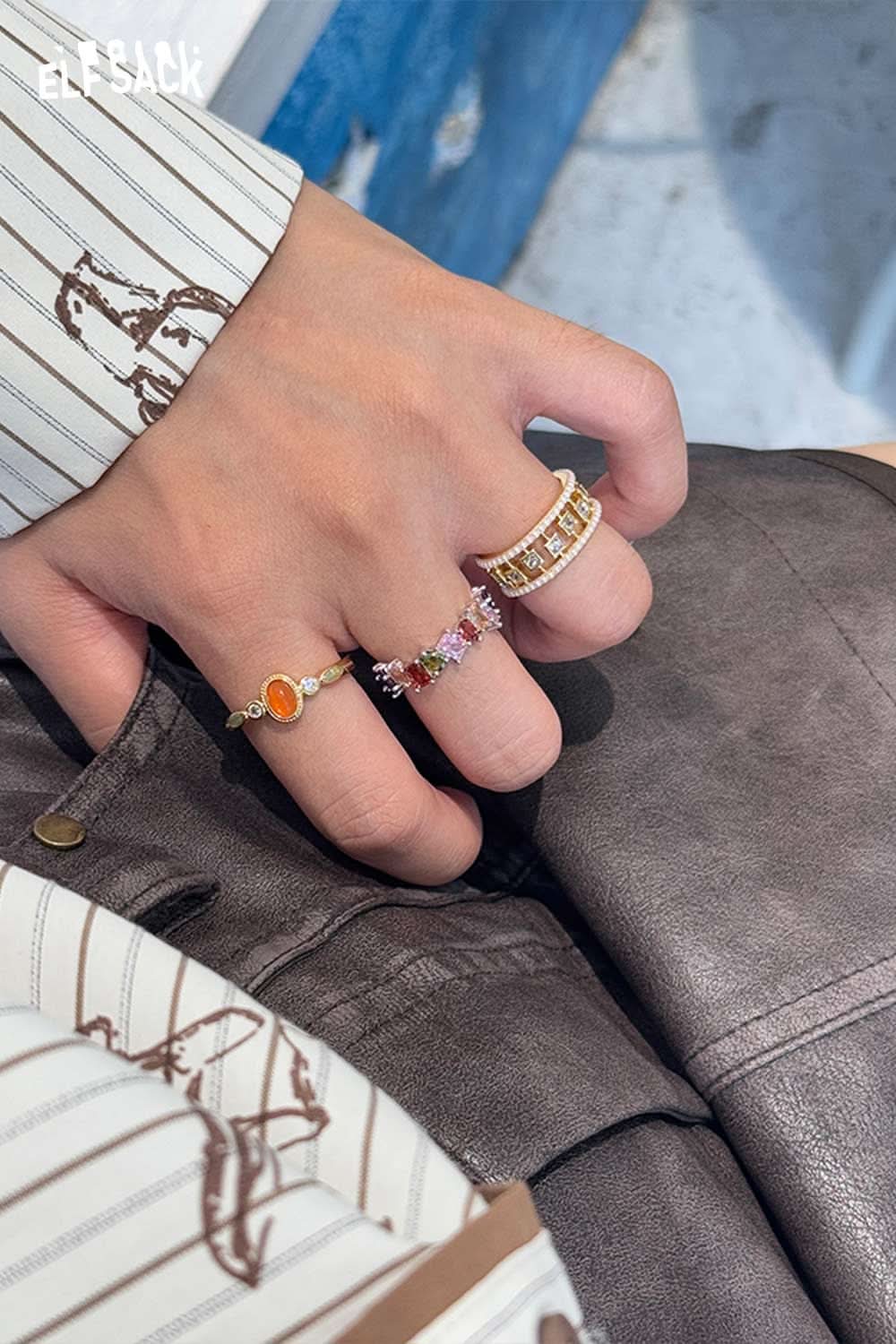 ELFSACK zirconia gemstone copper ring collection featuring colorful designs and elegant styles