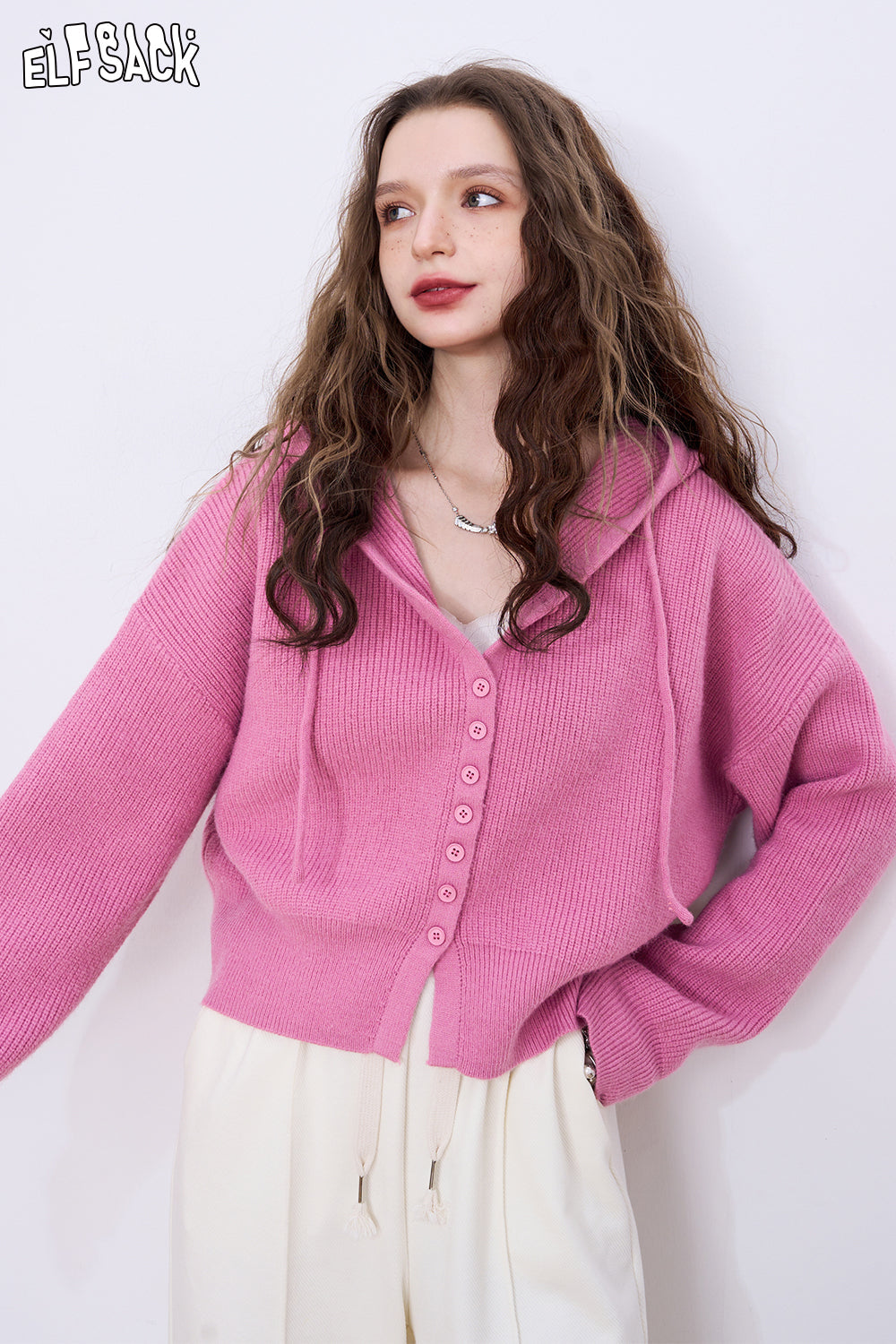 
                  
                    ELFSACK Hooded Sweater Cardigan Loose Fit V-Neck Short Pink Knitwear Layering Piece
                  
                