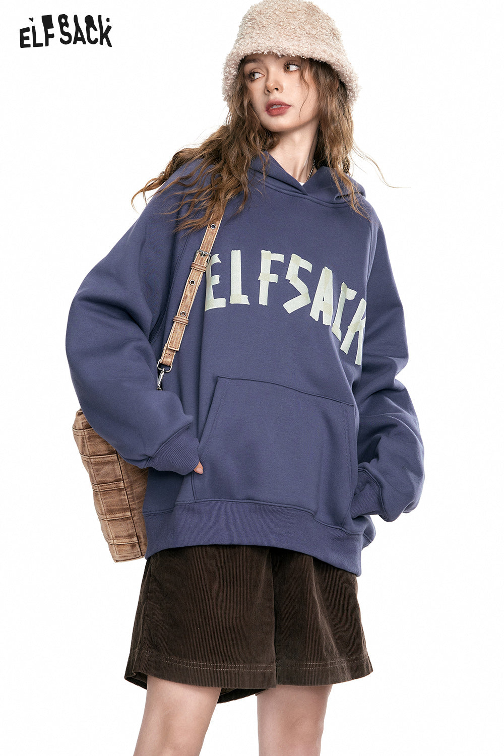 ELFSACK Fleece Long Sleeves Pullover Hoodies Women 2023 Autumn Vintage Loose Casual Tops