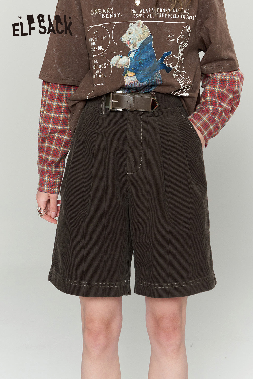 ELFSACK High Waist Corduroy Shorts Woman 2023 Autumn Casual Daily Bottoms