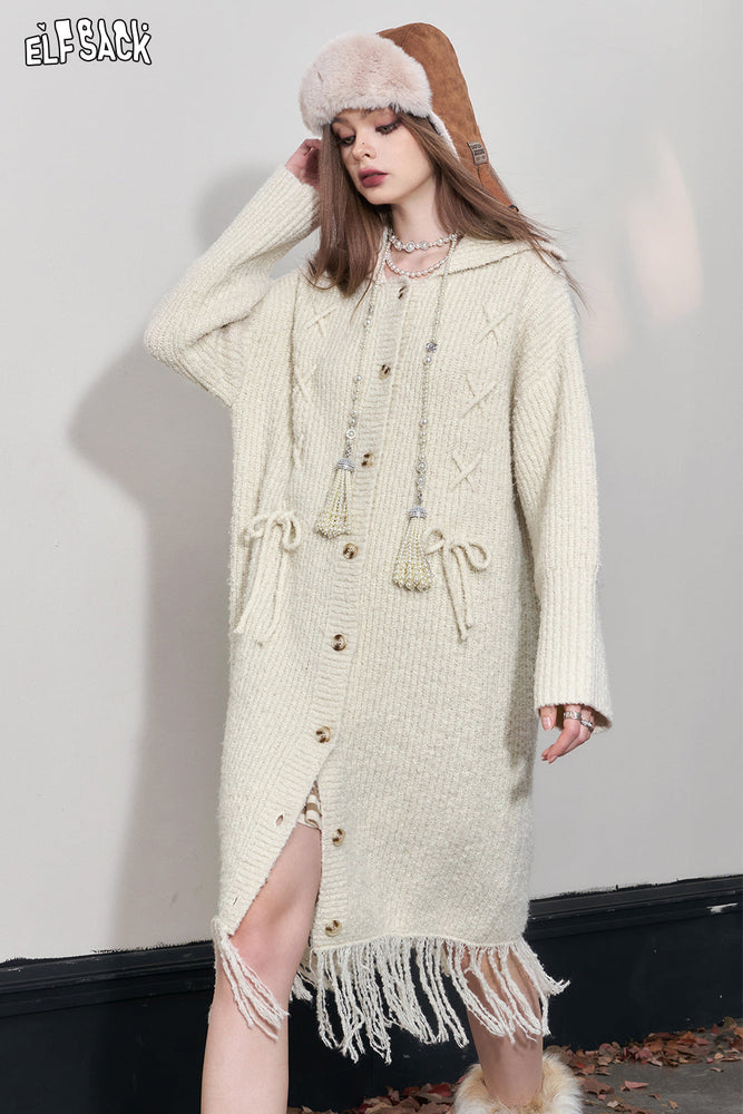 
                  
                    ELFSACK Beige Tassels Knitted Dresses For Women 2023 Winter Loose Elegant Dresses
                  
                