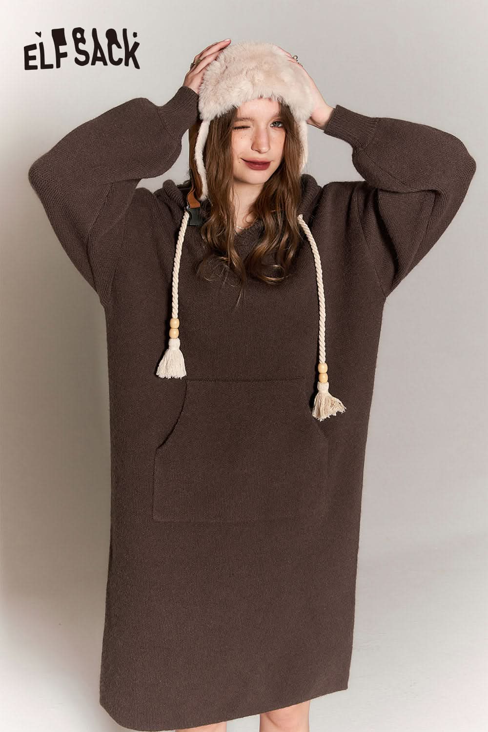 ELFSACK Chinese Style Hoodie Knitting Dress Women Plus Size Luxury Dresses