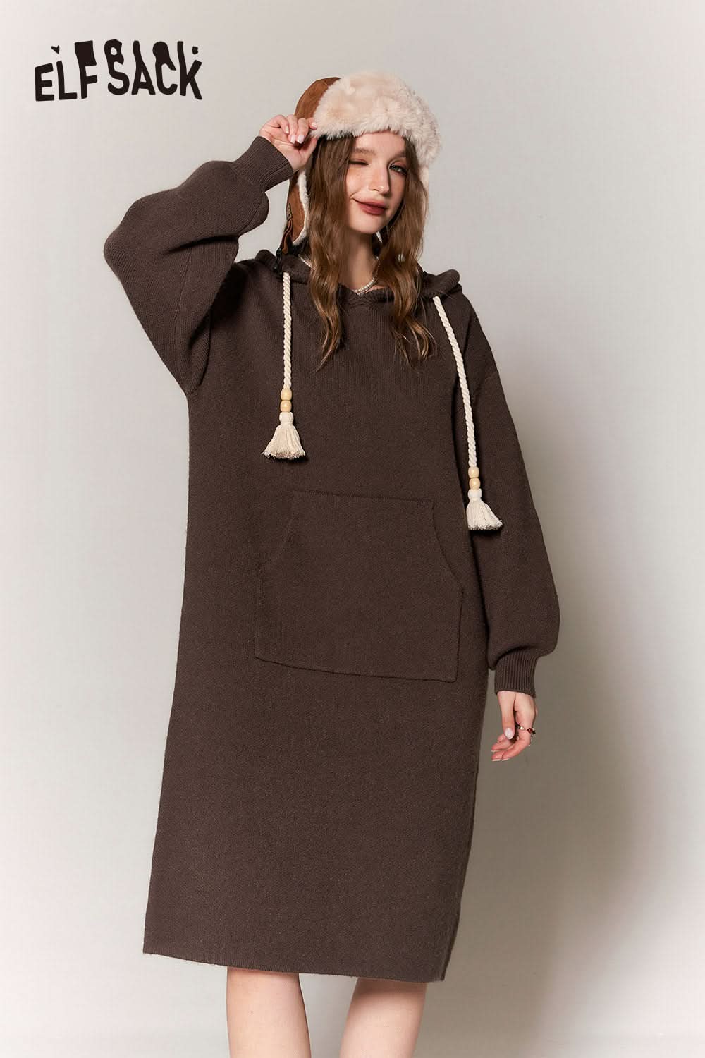 ELFSACK Chinese Style Hoodie Knitting Dress Women Plus Size Luxury Dresses