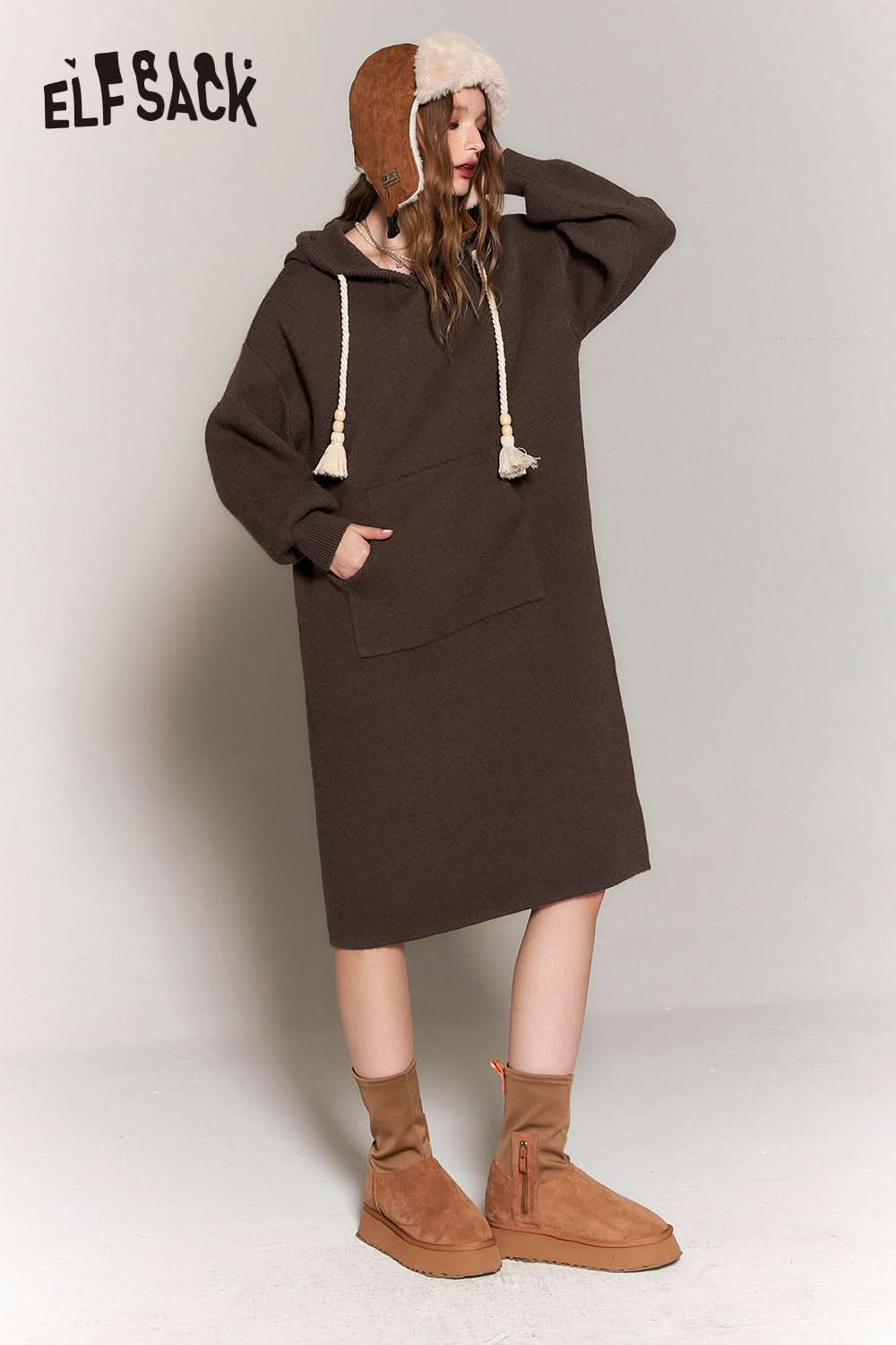 ELFSACK Chinese Style Hoodie Knitting Dress Women Plus Size Luxury Dresses