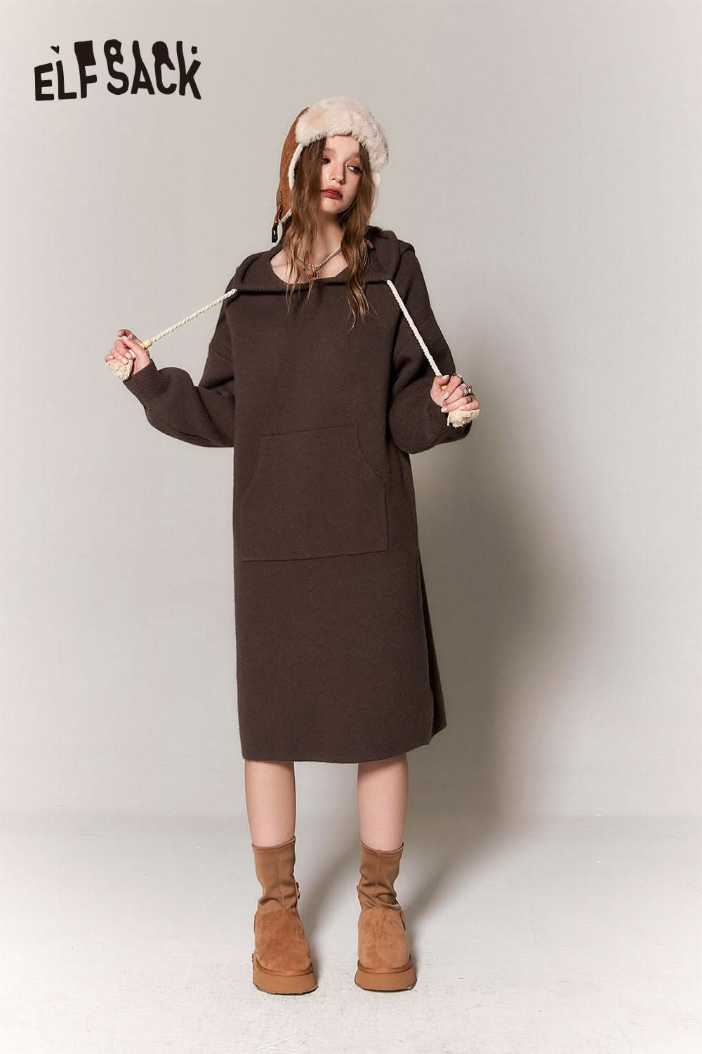 ELFSACK Chinese Style Hoodie Knitting Dress Women Plus Size Luxury Dresses