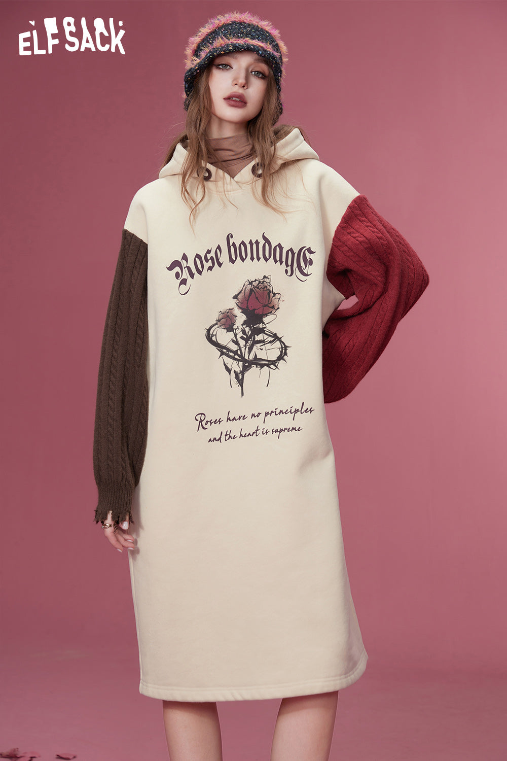 
                  
                    ELFSACK Graphic Spliced Knitted Fleece Dress Women 2023 Winter New Plus Size Designer Dress
                  
                