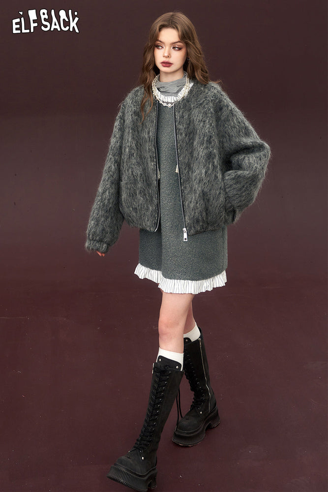 
                  
                    ELFSACK Spliced Wool-like Knitted Dresses For Women 2023 Winter Sleeveless Elegant Dress
                  
                