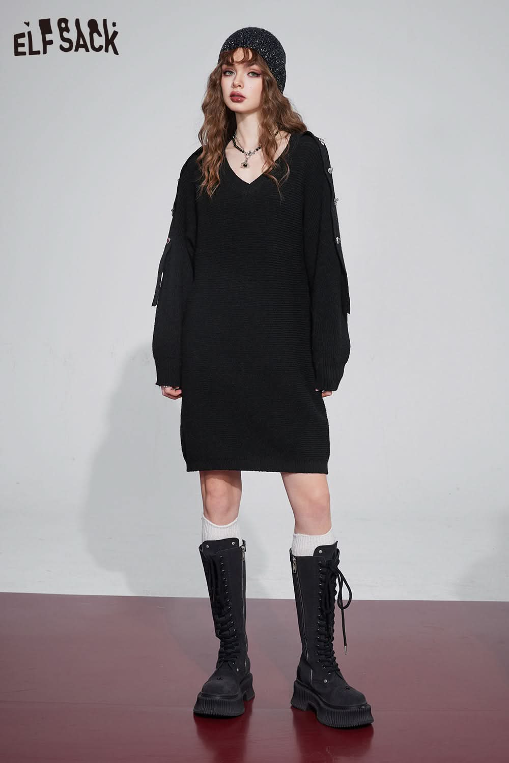 ELFSACK Gyaru Christmas Party Dress Plus Size Luxury Knitting Dresses