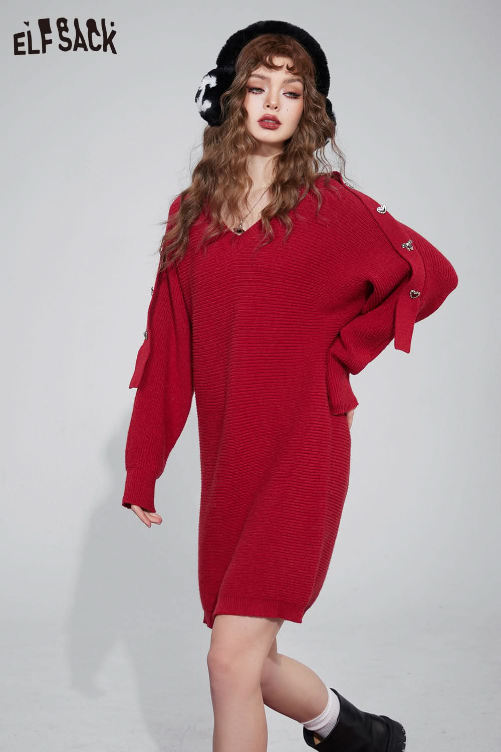 ELFSACK Gyaru Christmas Party Dress Plus Size Luxury Knitting Dresses