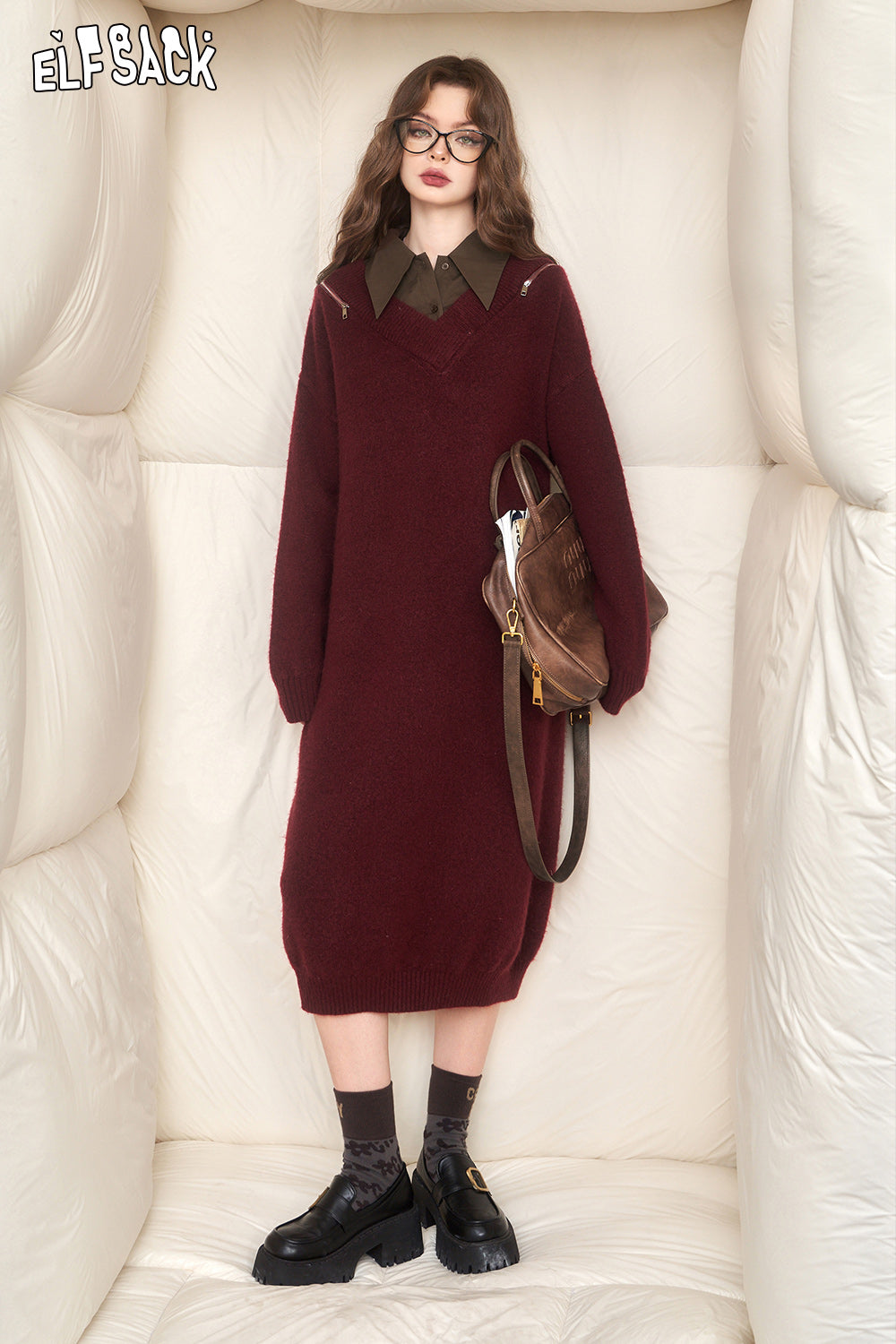 
                  
                    ELFSACK Christmas Spliced Knitted Dress Women 2023 Winter Long Sleeve Plus Size Designer Dress
                  
                