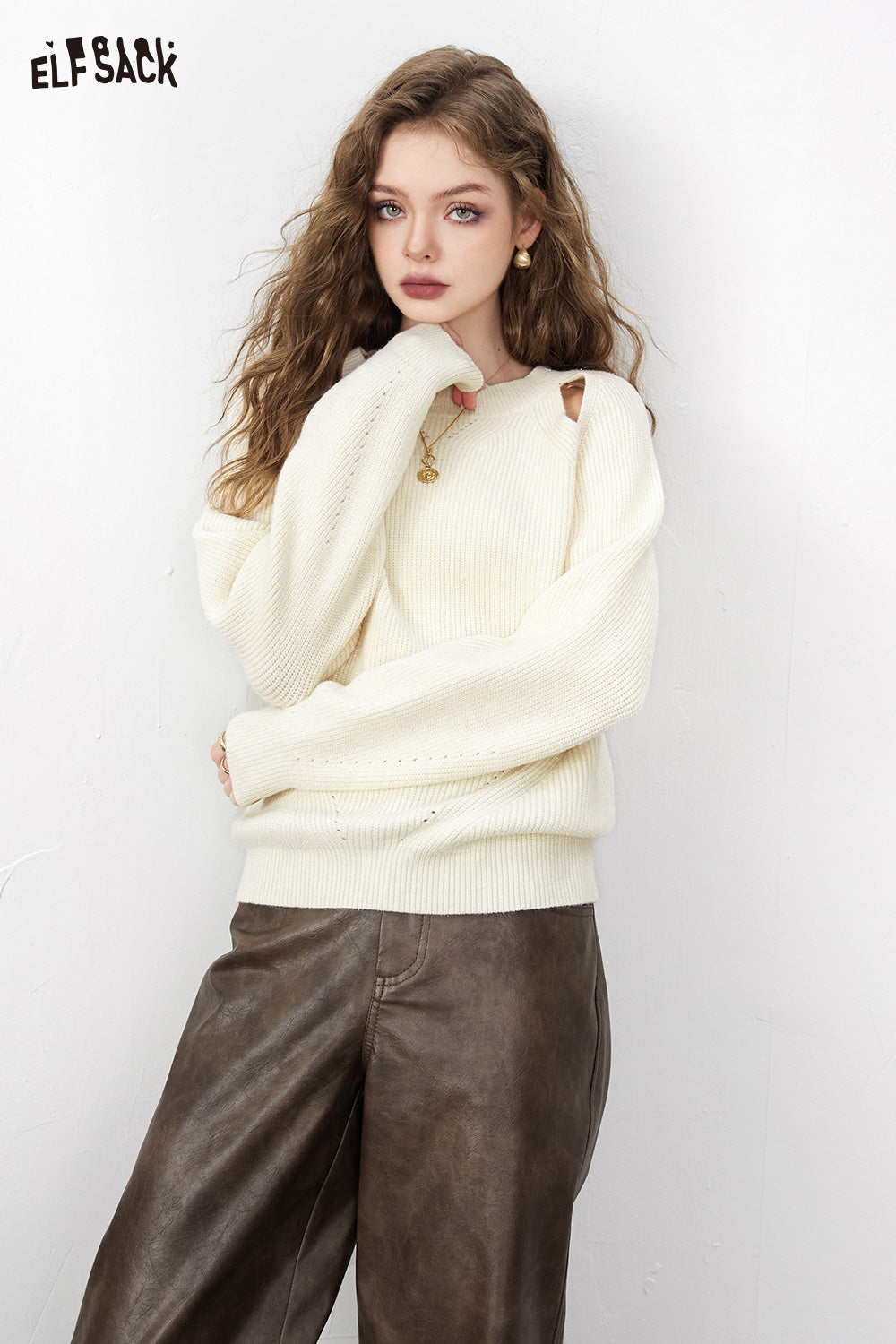 ELFSACK Solid Color Pullover Sweaters Women 2023 Autumn/Winter Elegant Loose Basic Daily Tops
