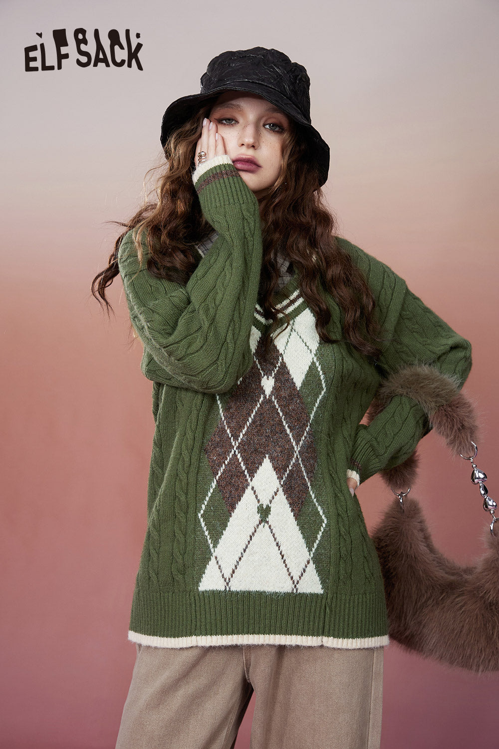 ELFSACK Retro Rhombus Spliced Pullover Sweaters Women 2023 Winter Plus Size Designer Tops