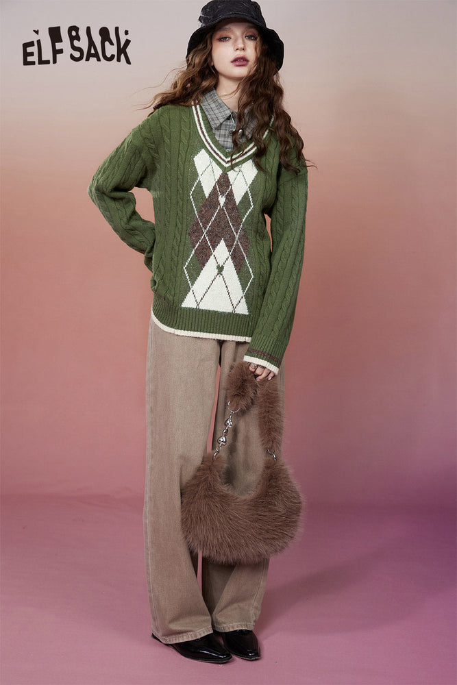 
                  
                    ELFSACK Retro Rhombus Spliced Pullover Sweaters Women 2023 Winter Plus Size Designer Tops
                  
                